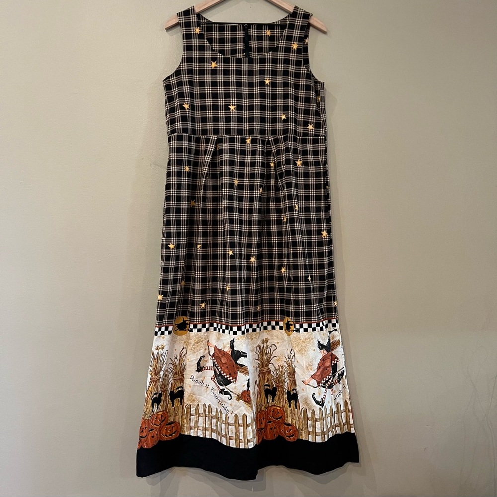 Rare Vintage Handmade Halloween Witch Pumpkin Harvest Chore Dress Maxi Pinafore
